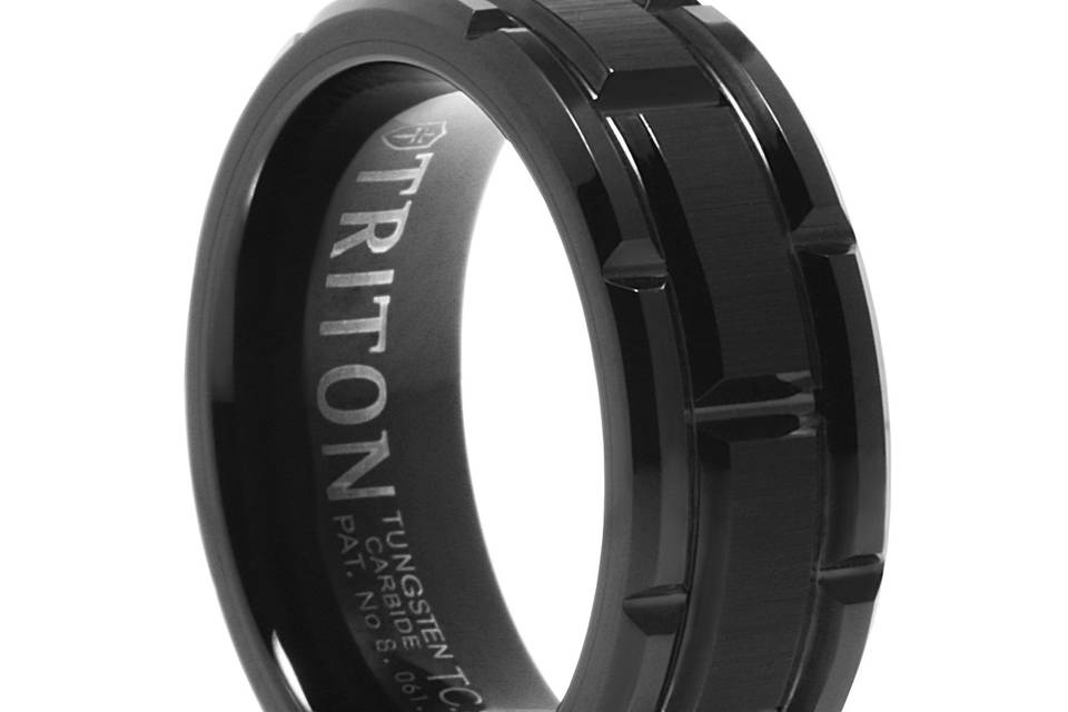 Black Tungsten Wedding Band<br>Block design in black tungsten.  Popular new seller by Triton.