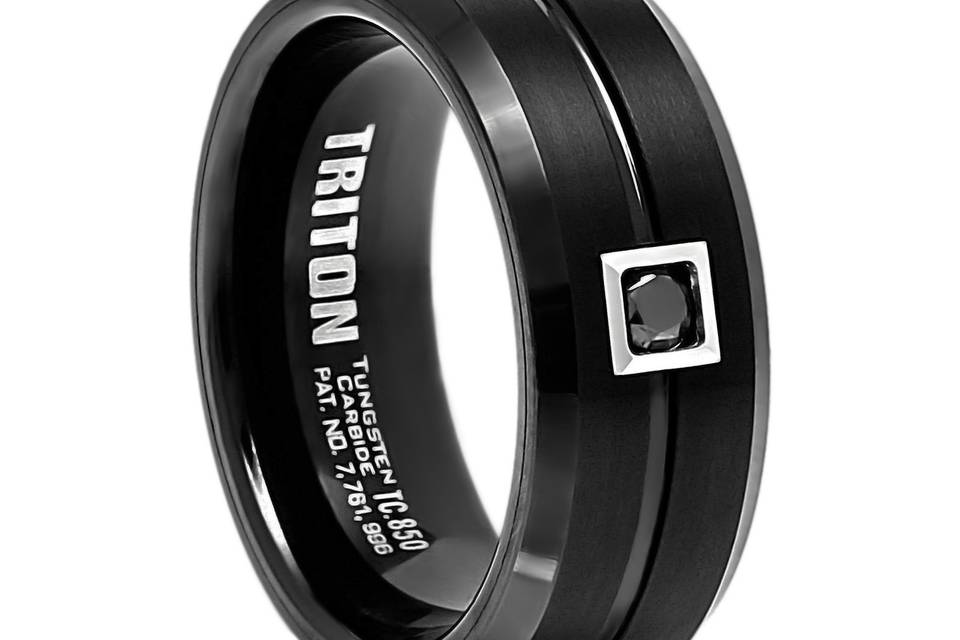Black Tungsten and Black Diamond Wedding Band<br>This puppy is just BAD to the bone.  If your guys is a bit edgy, this ring is a fit.  By TRITON.