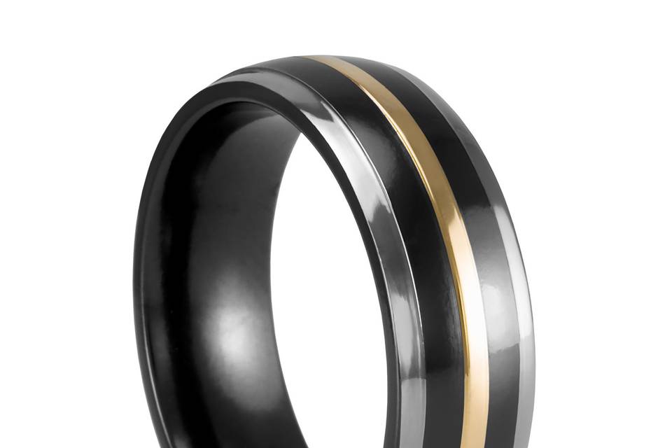 Black Titanium and 18K Yellow Gold Wedding Band<br>An upscaled wedding band in modern materials.  By ArtCarved.