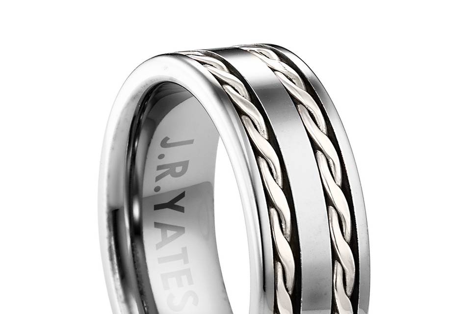 Tungsten Ring with two braids of sterling silver<br>Inspired from the old West.  A substantial tungsten ring with twisted silver wire inlay.