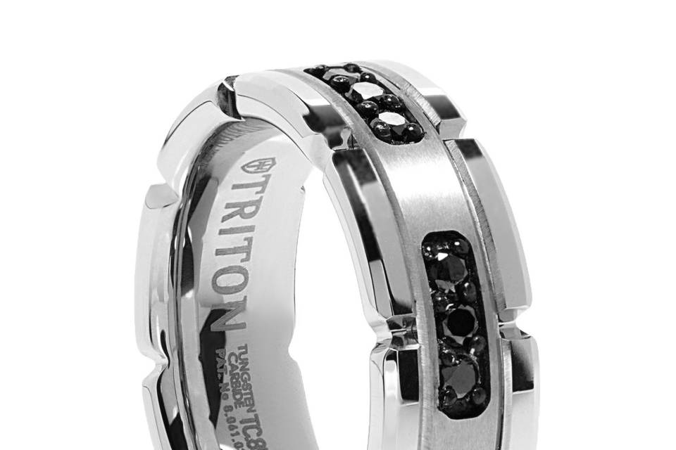 White Tungsten and Black Diamond Wedding Band<br>You will never see another mans wedding band quite like this one.  Black diamonds set into white tungsten.  Fascinating.