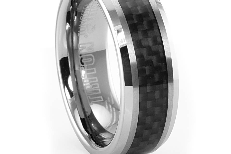 Tungsten and Carbon Fiber Wedding Band<br>A popular seller by TRITON.  Guys into racing (bike or car) really understand and like carbon fiber.  Nice beveled edge design.
