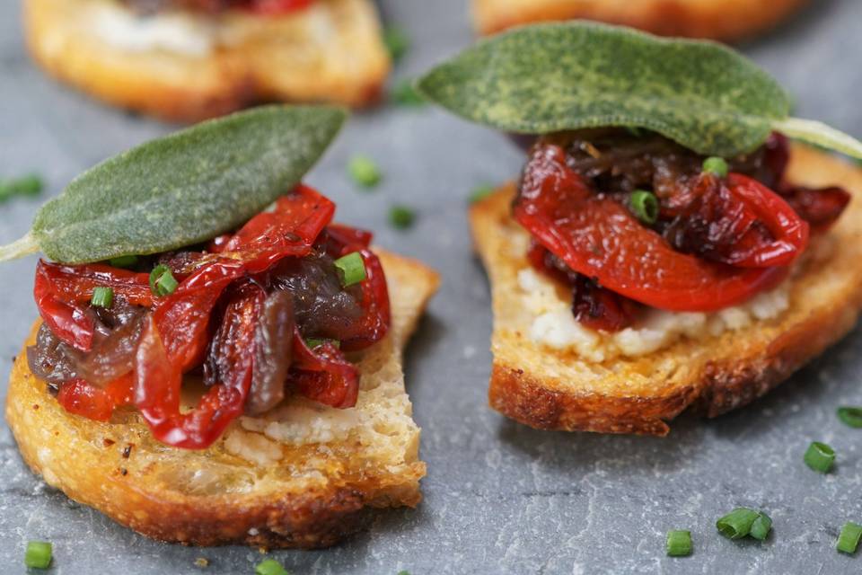 Caramelized onion & pepper on crostini