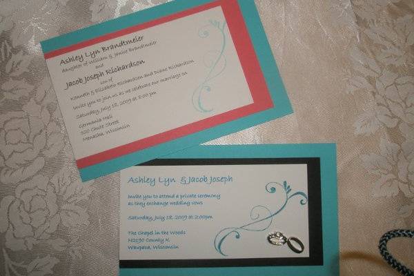 These invitations were created to insert into the previous trifold invitation.  Wedding rings adorn the lower corner of the aqua/black version.  Hand-stamped flourishes coordinate with the aqua base on both.