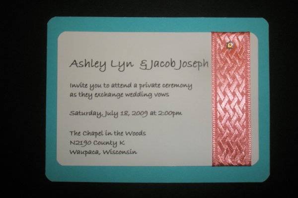 A wrap of coral ribbon is accented with a gemstone at the top to add a touch of elegance to this simple invitation.  This design may be used for any of the components in your wedding stationery suite.  Save-the-Date cards, invitations, programs, menu cards, informational tent cards, or thank-you cards.