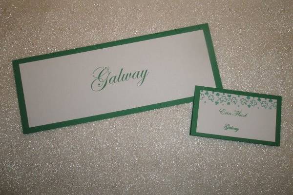 Table card and coordinating placecard for an Irish bride.  Hand-stamped with shamrock trim.