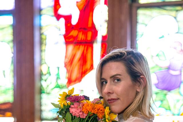 Bride with wedding flowers