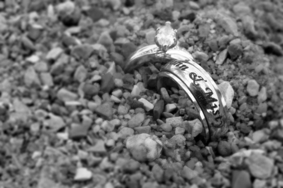 Bride and Groom's wedding rings in the rocks at the beach