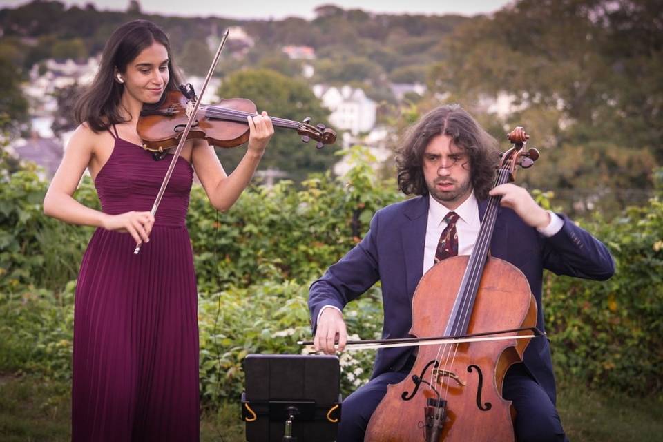 Violin and cello duo, garden