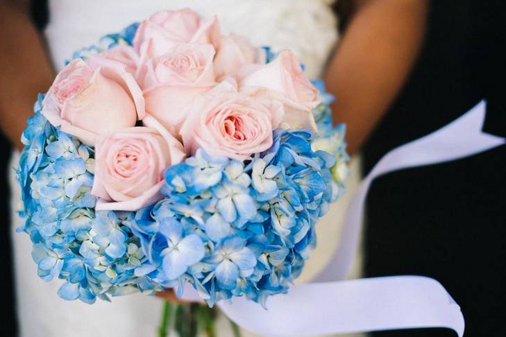 Light pink roses and light blue hydrangeas