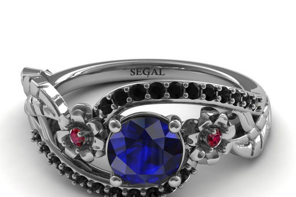 Flowers and leafs Engagement Ring with Black diamonds Blue Sapphrie and Red Ruby