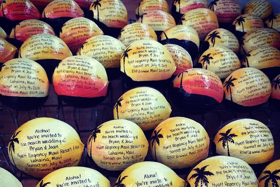 Painted coconuts invitations