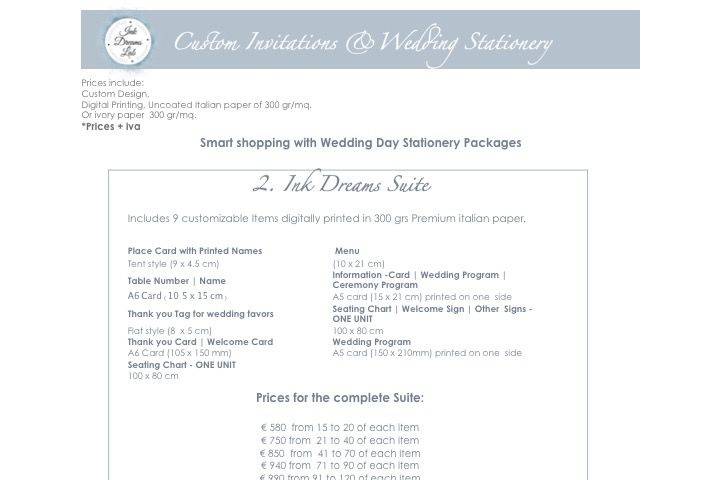Wedding day Stationery Package.
1. Ink & Paper suite
Price List