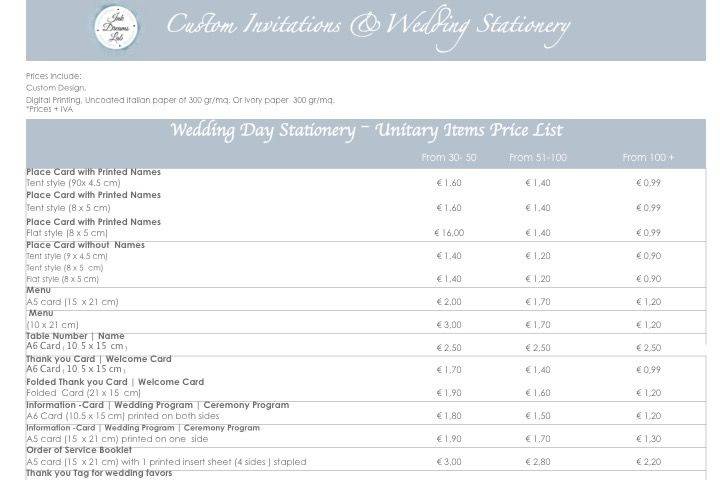 Wedding day Stationery Package.
2. ink Dreams Suite
Price List