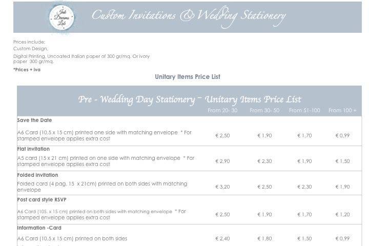Unitary Items
Pre Wedding Day
Price List