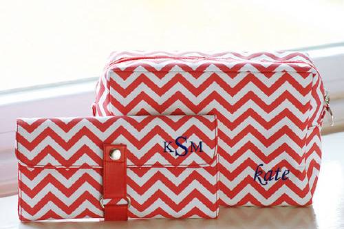 Embroidered Chevron Spa Bag and Make Up Roll Brush Set