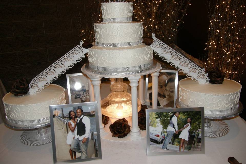 Tiered cake with bridges, fountain and BLING!