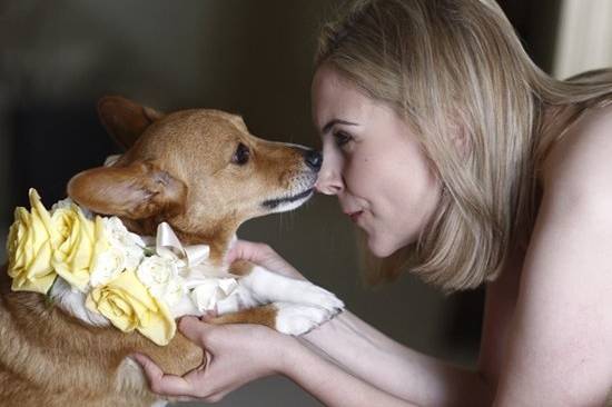 The bride receives a kiss from a little friend before heading off to her ceremony.