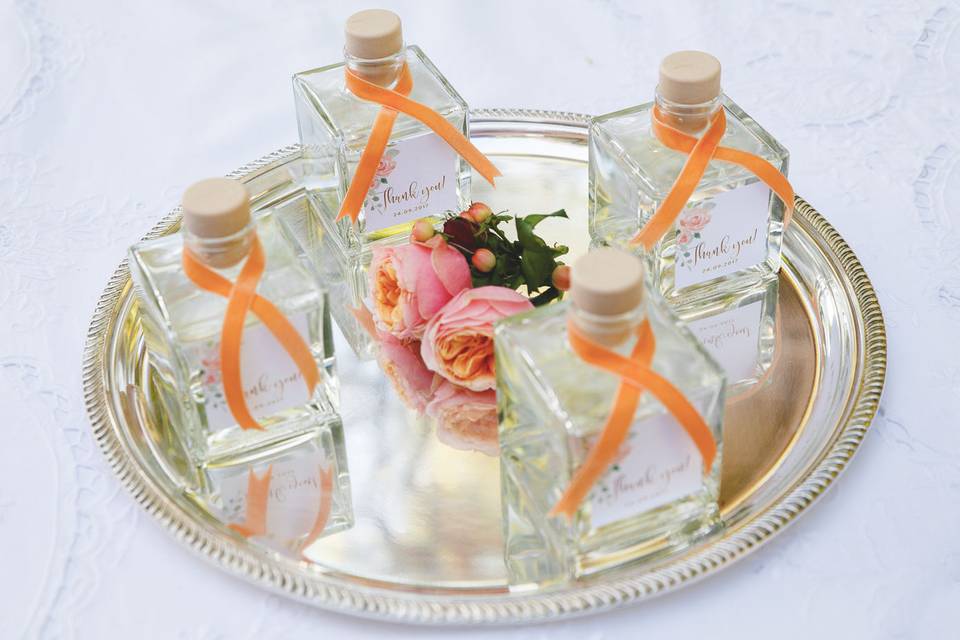 Luxury favor bottles with velvet ribbon