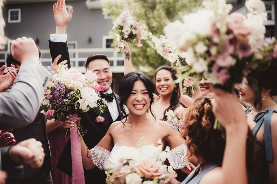 Wedding party celebrating together