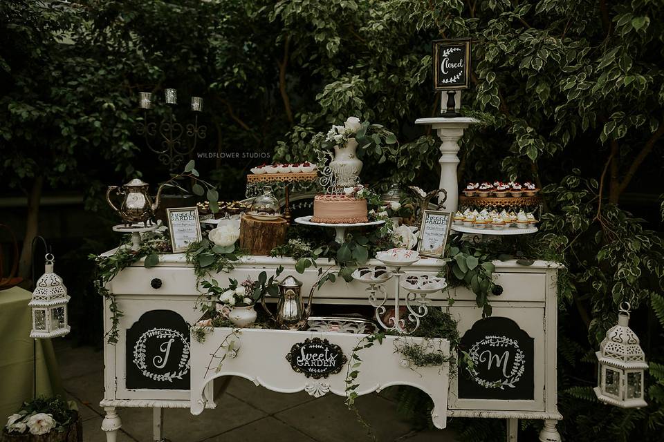 Wedding cake and cupcakes