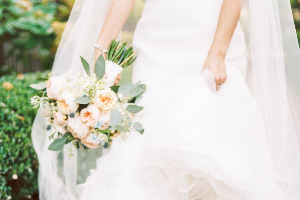 Peach and Blue bridal bouquet