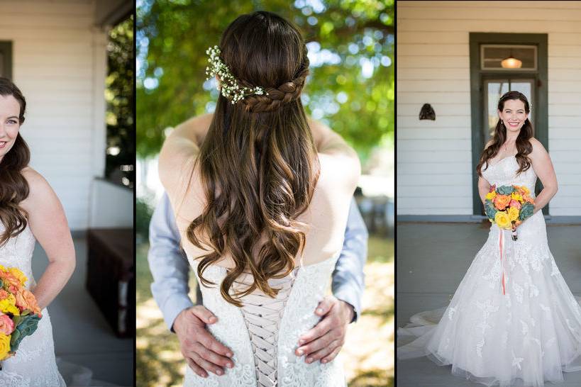Front and back of bridal dress and hairdo