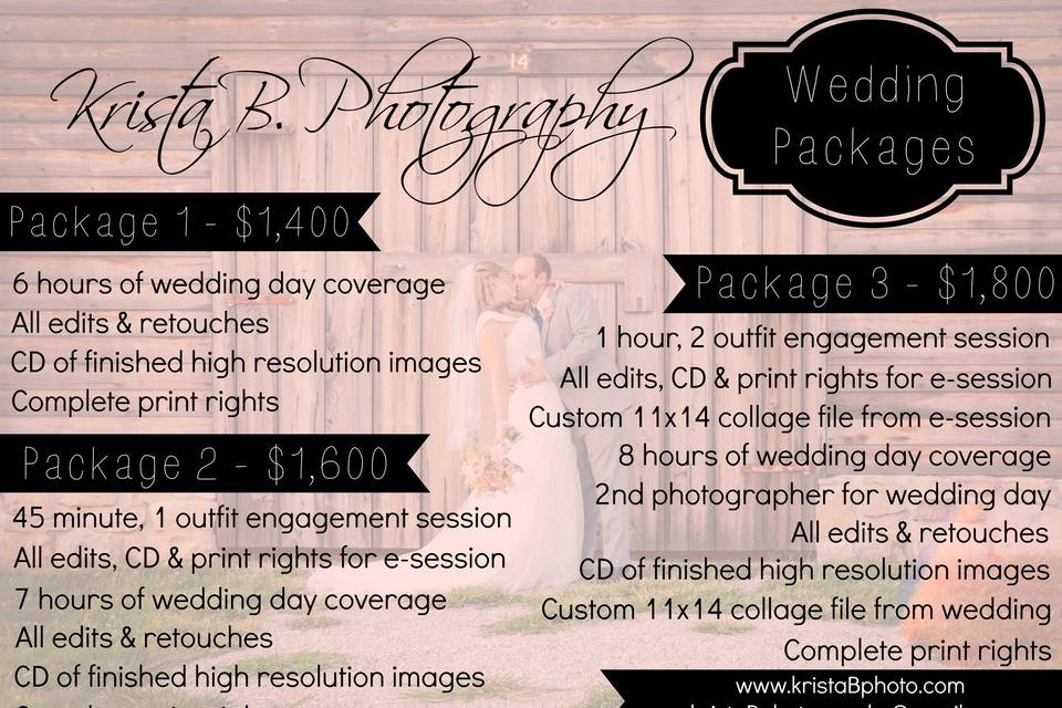For more information or custom packaging, email kristaBphotography@gmail.com!