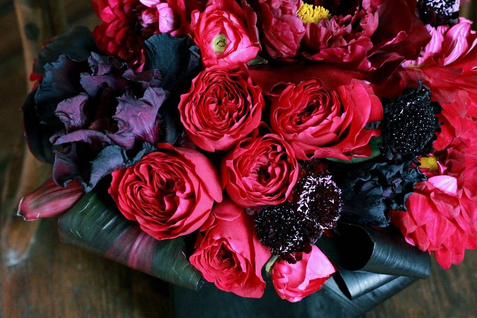 Deep, dark & rich custom floral arrangement with garden roses, peonies, black irises, scabiosa and ranunculus!