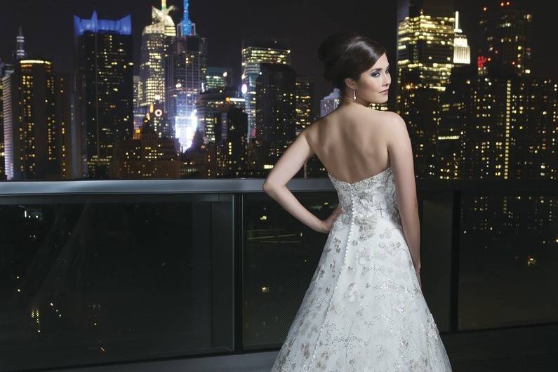 9774Tulle, venice and embroidered lace fit and flare dress accentuated with a Sabrina neckline
