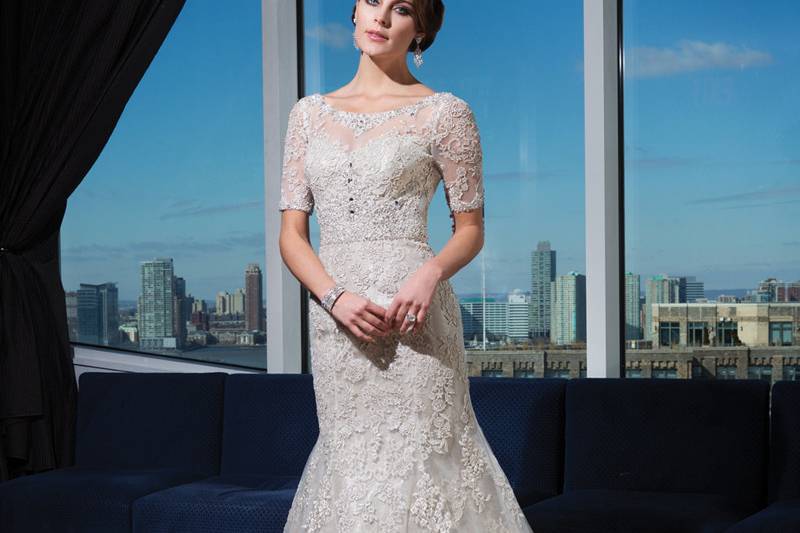 9771Embroidered lace fit and flare dress featuring a sweetheart neckline