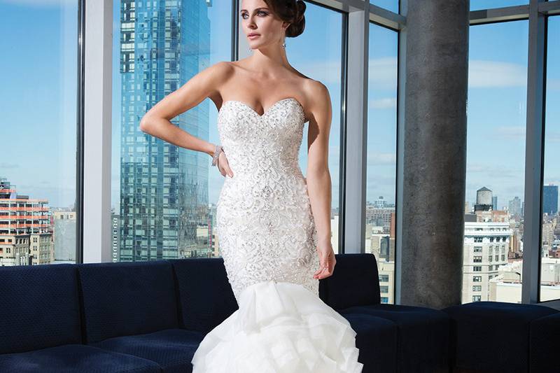 Style 9793 <br> Beaded Venice lace and tulle ball gown with a v-neck neckline.