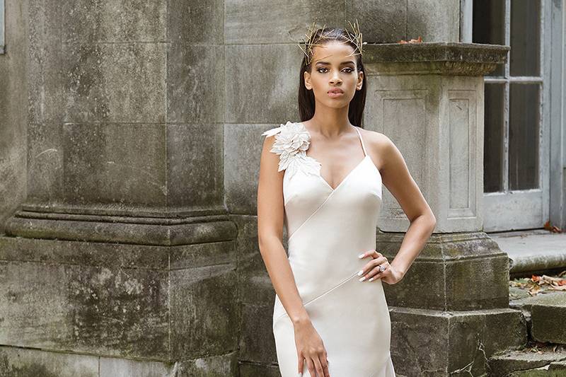 Style 9866	<br>	Luxe Charmeuse Fit and Flare Gown with Laser Cut Flowers on Spaghetti Straps