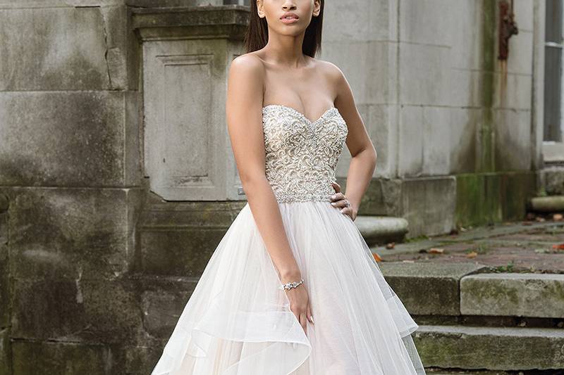 Style 9869	<br>	Opulently Beaded Layered Tea Length Ball Gown