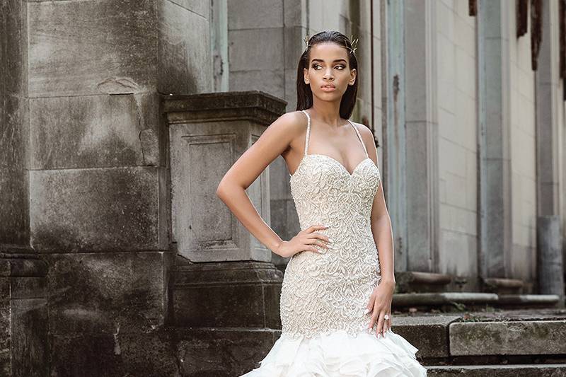 Style 9871	<br>	Beaded Mermaid Dress with Tulle and Organza Layered Skirt