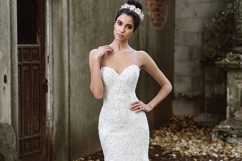 Style 9873	<br>	Layered Lace Sweetheart Fit and Flare Gown Adorned with Beading