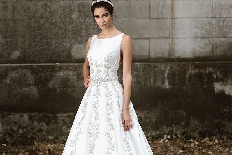 Style 9879	<br>	Classic Ball Gown with Cascading Beadwork and V-Side Seams