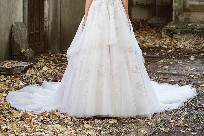 Style 9884	<br>	Lavish Tiered Tulle Ball Gown with Illusion Back