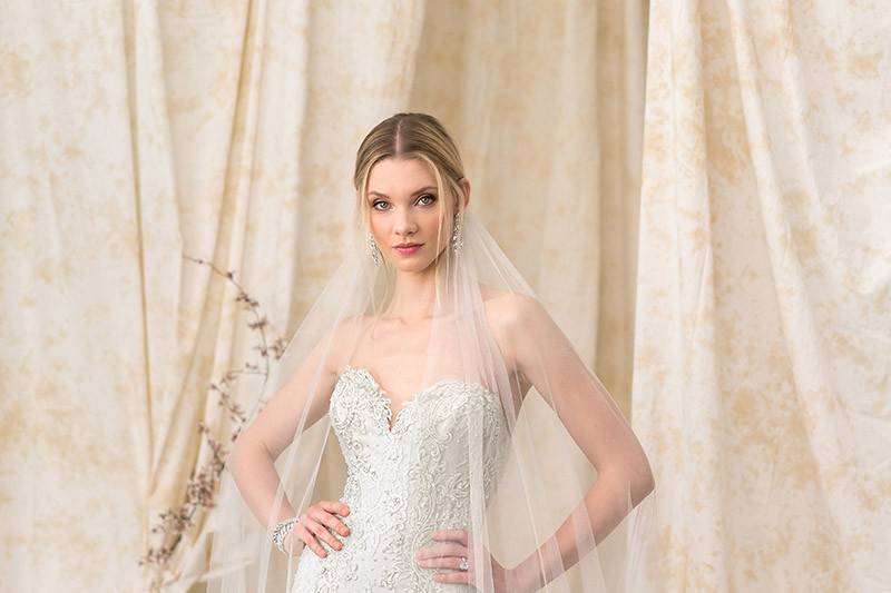 Justin Alexander Signature	9908	<br>	You have a refined sense of style and this fit and flare with stretch lining embodies just that. A sweetheart neckline gives way to soft Chantilly lace covered by soft English Net. Hand beaded appliques adorn the gown. Paired with matching cathedral veil with Chantilly lace appliques.