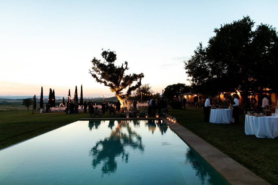 Romantic sunset by the pool