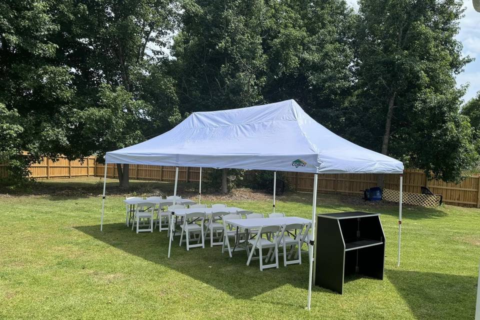 Tent, bar, tables, chairs