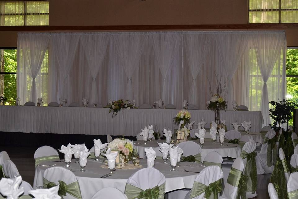 Adding a wedding backdrop behind the bride and groom adds and creates an elegant presentation to the banquet hall and behind the wedding party table.