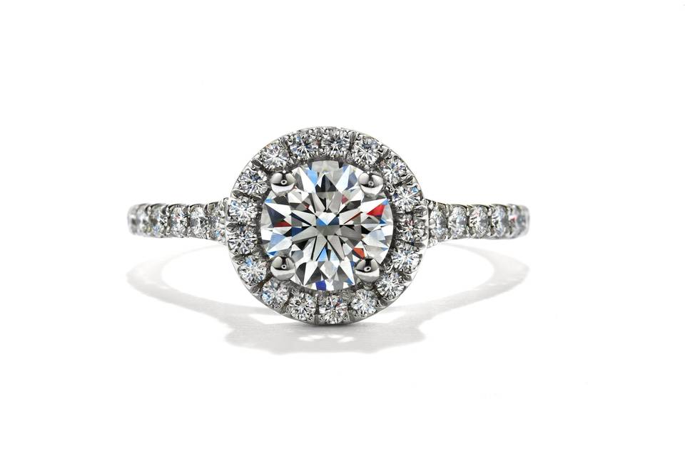 Transcend Engagement Ring<br>
A diamond halo perfectly frames The World's Most Perfectly Cut Diamond, creating the brilliant fantasy of a single stone.