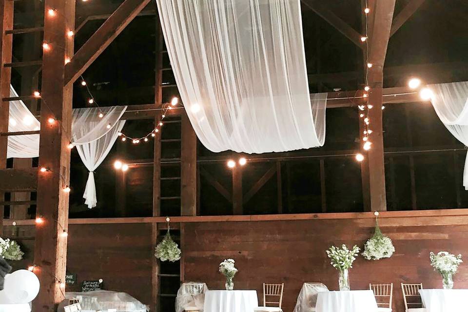 Rustic barn wedding with fabric and light draping.