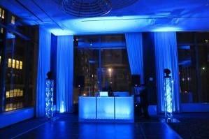 Our Simple pulse Setup. Comes with DJ & MC for 4 hours plus cocktail hour music, State of the art sound system, 2 Intelligent Lights on Trusses, LED lit white facade(can be any color), and use of our wedding planning tools.