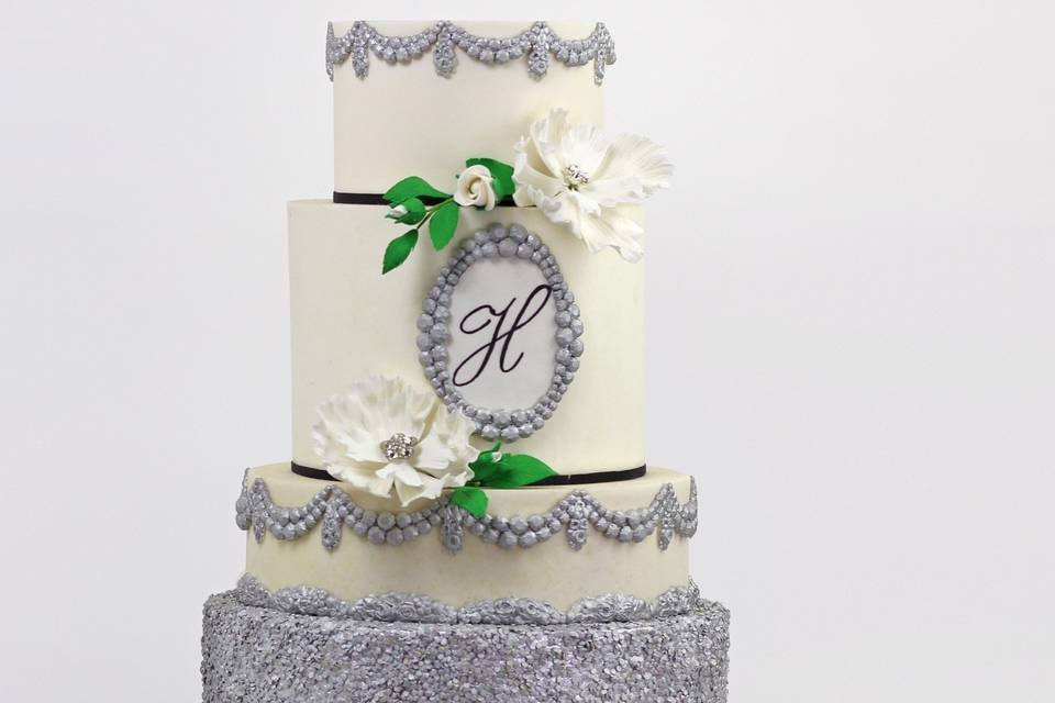 White and silver wedding cake