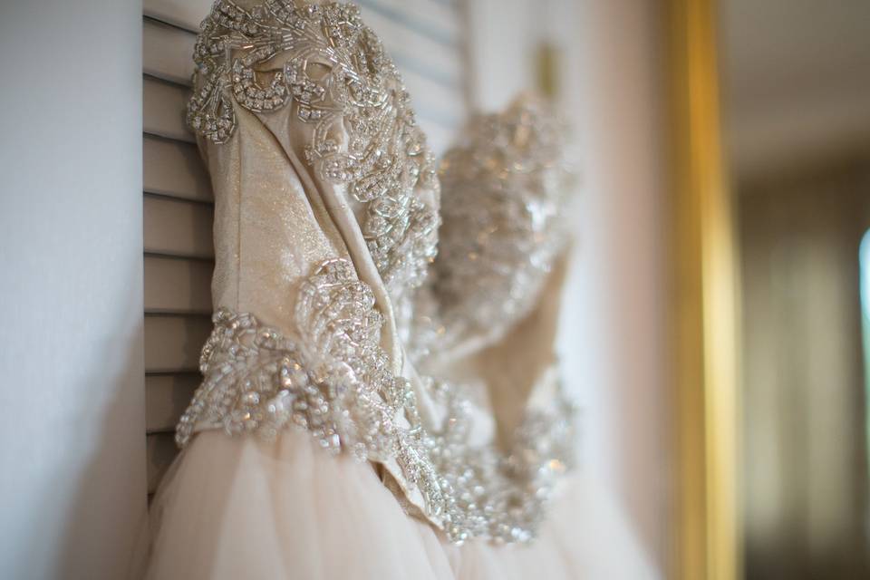 Brides gown - pearls, satin under linning