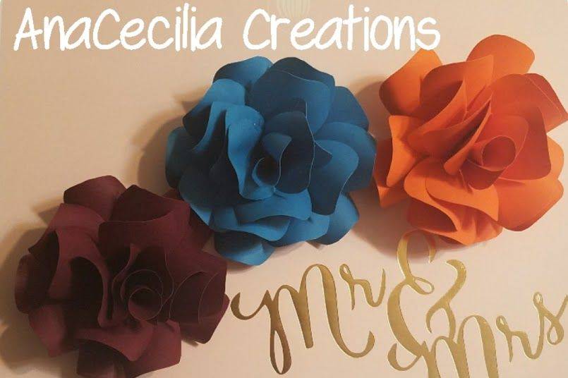 Brown, blue, and orange paper flowers