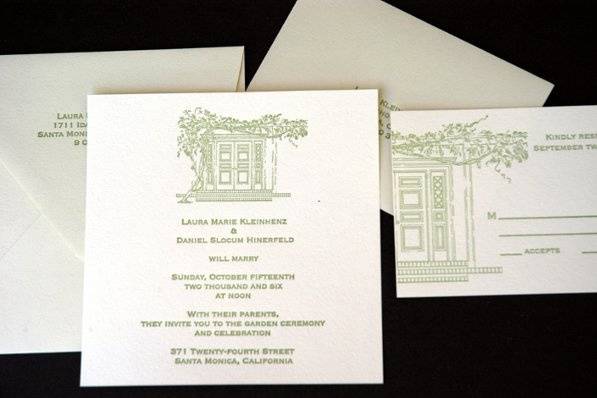 An architectural drawing of the front door of the home the bride and groom were married in, makes this custom invitation special and unique. White paper and a glassy green envelope are combined for subtle charm.