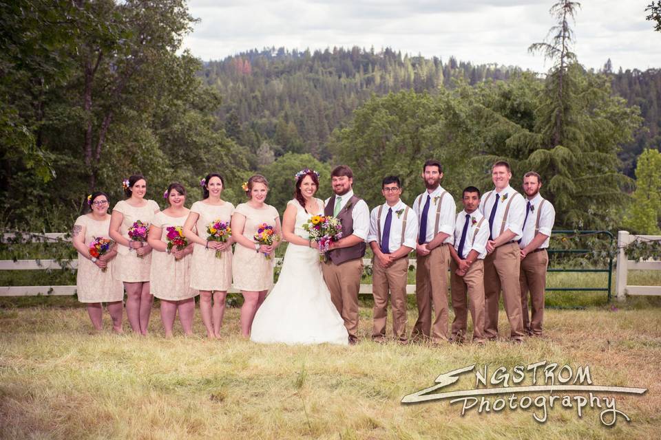 The couple with the bridesmaids and groomsmen